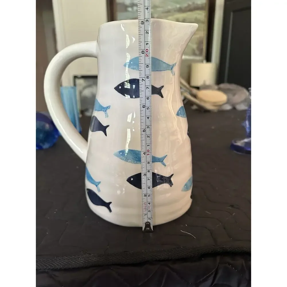 New White Pitcher Cobalt & Aqua Blue Sardine Fish Motif Handmade In Portugal 9”